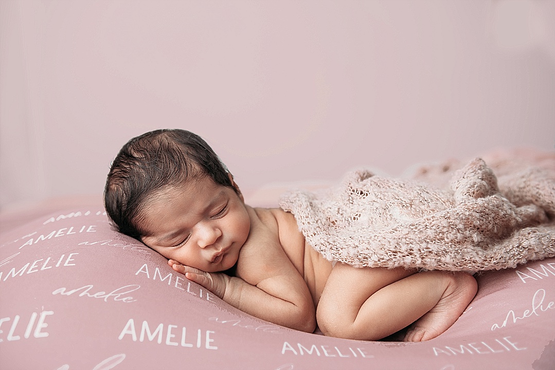 Newborn baby photography session in pink with name blanket baby girl in Annapolis studio